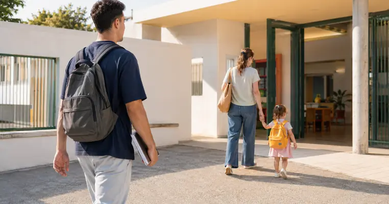 Estudiante de FP y familia accediendo a un centro educativo en Andalucía