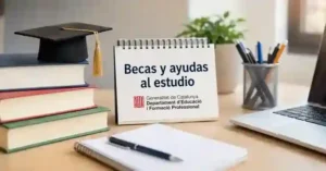Mesa de estudio con libros, birrete y material académico para ilustrar las becas y ayudas al estudio en Cataluña