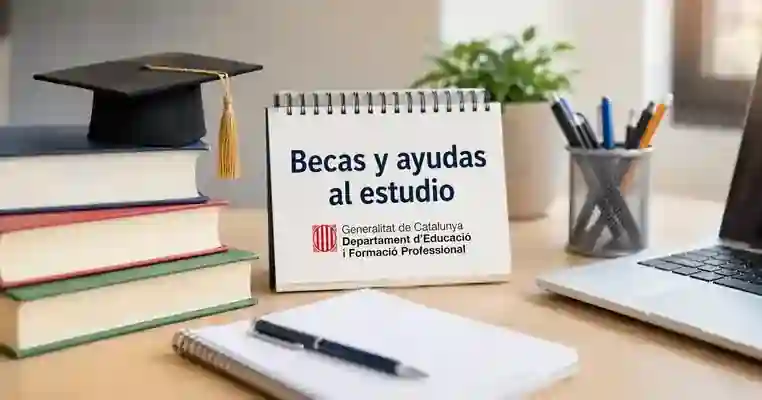 Mesa de estudio con libros, birrete y material académico para ilustrar las becas y ayudas al estudio en Cataluña