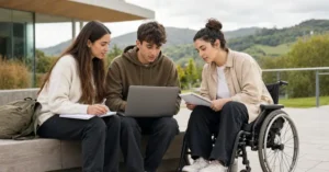 Tres estudiantes universitarios estudian en un campus vasco, una de ellas en silla de ruedas