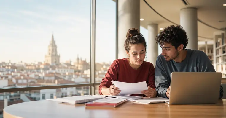 Dos estudiantes revisan documentación de becas en una biblioteca de Madrid