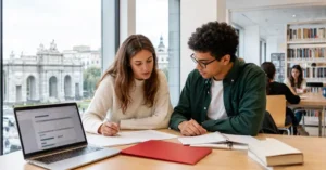 Dos estudiantes revisan documentación de becas en una biblioteca de Madrid