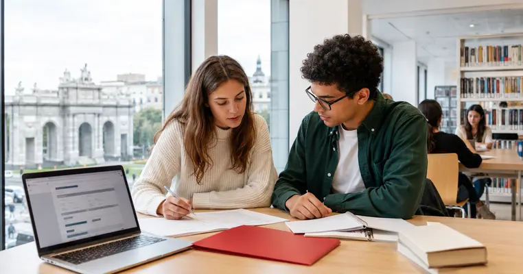 Dos estudiantes revisan documentación de becas en una biblioteca de Madrid