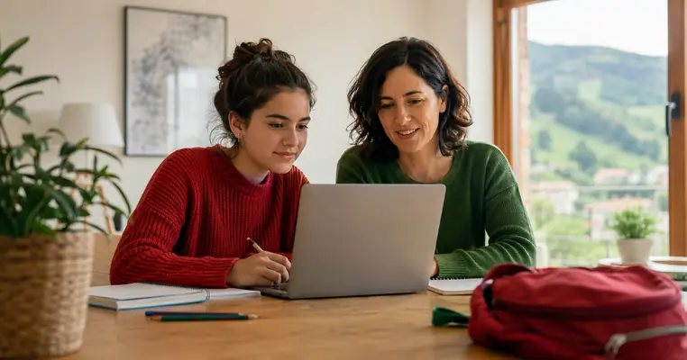 Una estudiante de secundaria y su madre preparan una solicitud de beca con material escolar