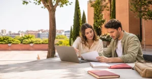 Dos estudiantes universitarios revisando ayudas en un campus de Madrid