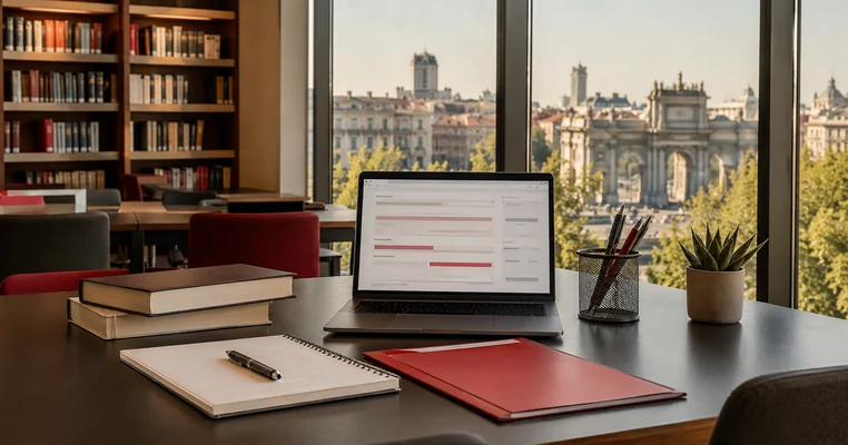 Mesa de estudio con vista urbana de Madrid