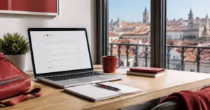 Escritorio de estudiante con portátil y material de estudio en Madrid