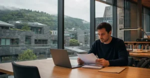 Estudiante universitario adulto revisando una solicitud de beca en el País Vasco