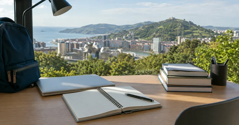 Material de estudio con paisaje del País Vasco al fondo