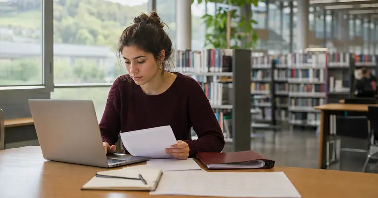 Una estudiante revisa convocatorias de becas abiertas en una biblioteca