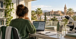 Estudiante universitaria trabajando en un proyecto de investigación en Andalucía