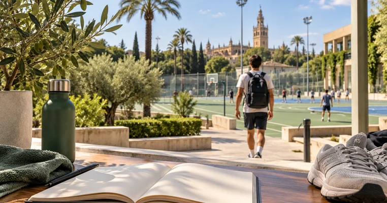 Estudiante universitario camino de una pista deportiva junto a material de estudio en Andalucía