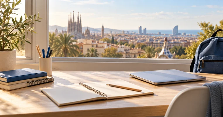 Mesa de estudio con material educativo en Cataluña