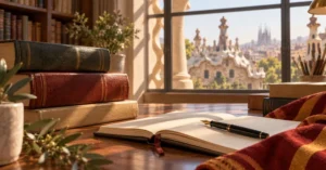 Libros de Derecho y cuaderno en una biblioteca luminosa de Cataluña