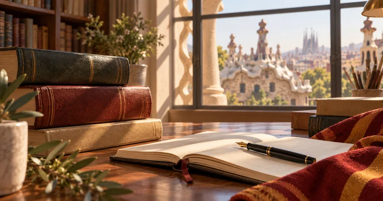 Libros de Derecho y cuaderno en una biblioteca luminosa de Cataluña
