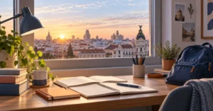 Escritorio de estudio con vista de Madrid al amanecer