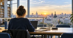 Estudiante universitaria consultando becas en Madrid al amanecer