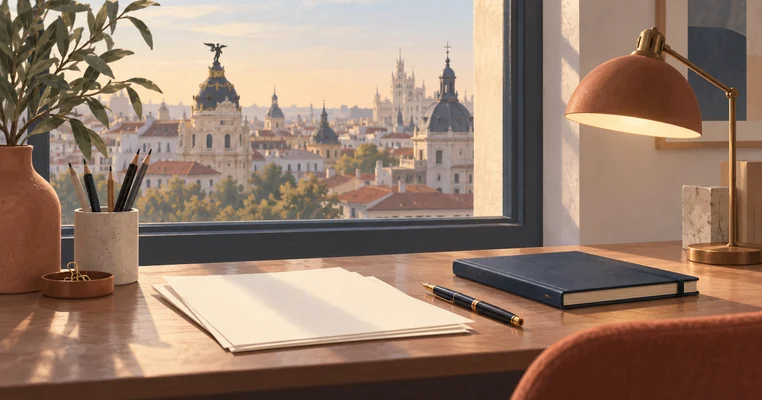 Mesa de estudio con cuaderno y papeles ante una vista ilustrada de Madrid