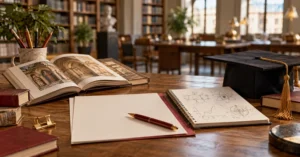 Libros, cuaderno científico y solicitud de beca en una biblioteca