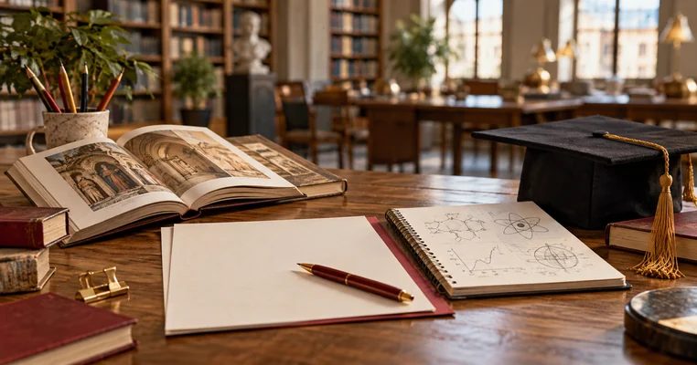 Libros, cuaderno científico y solicitud de beca en una biblioteca