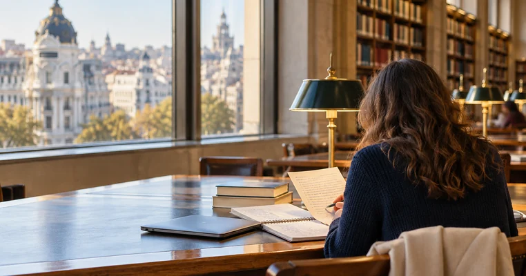 Persona adulta estudiando en una biblioteca con vistas de Madrid