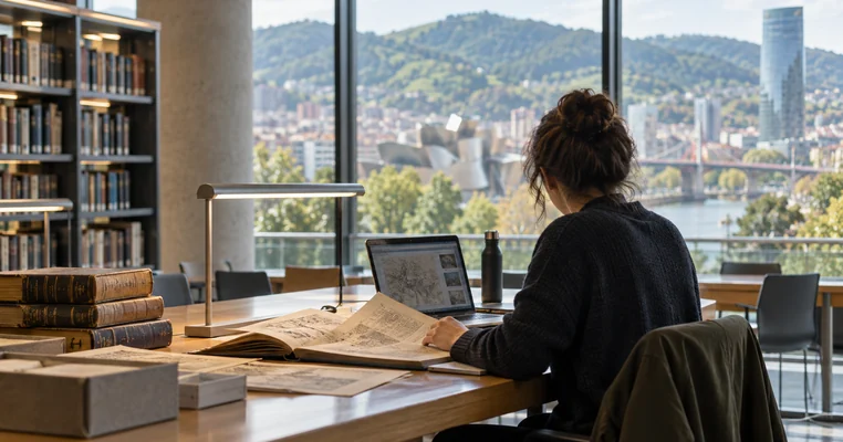 Investigadora consulta documentos en una biblioteca de Bilbao