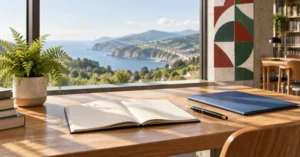 Mesa de estudio junto a la costa vasca para becas