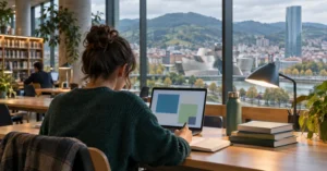 Estudiante universitario preparando un proyecto de investigación en una biblioteca de Euskadi